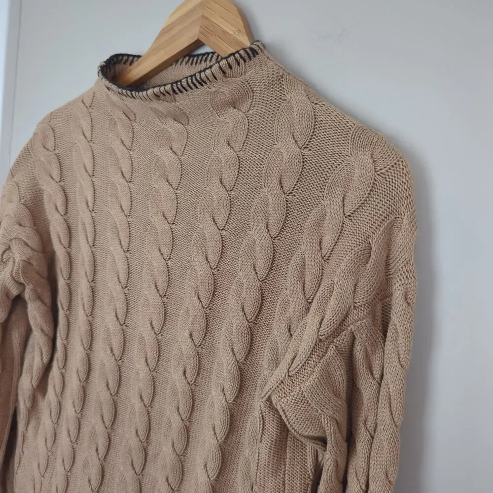 J. Crew Cotton/Cashmere Brown Contrast Stitch Fisherman Sweater Small Cable Knit